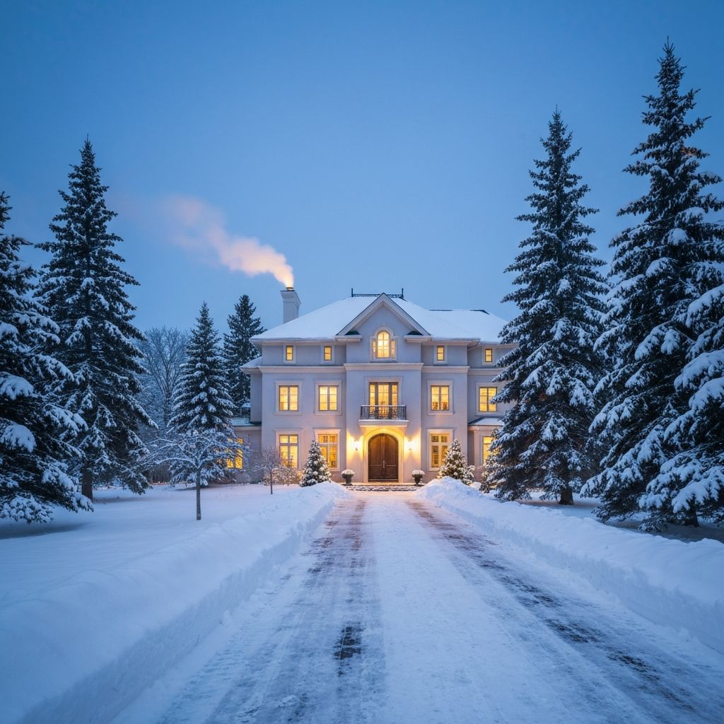 Luxury estate in winter with pristine snow management